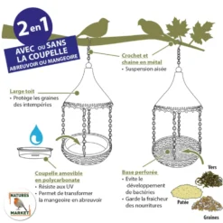 Abreuvoir et mangeoire pour graines et eau gris en métal Ø 20 x 32 cm