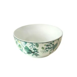 Bol en grès Oxalis coloris blanc motif floral vert - Ø 15 cm