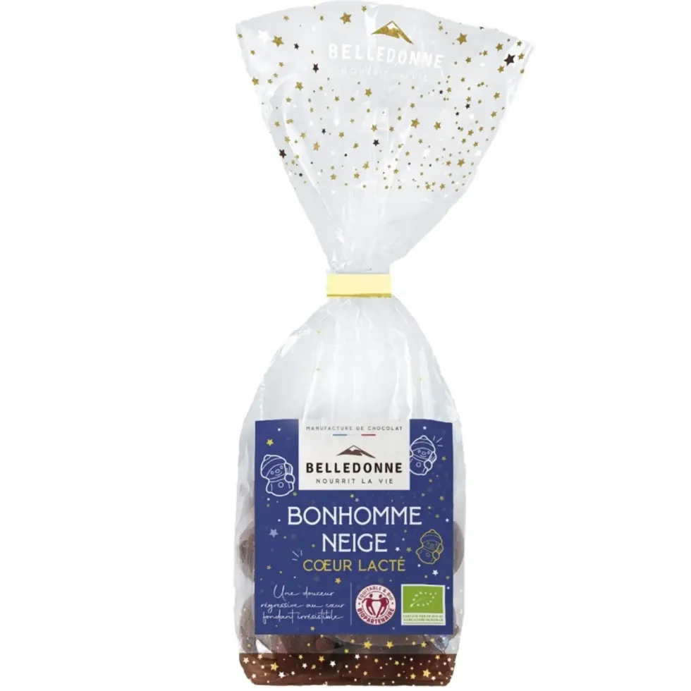 Bonbon bonhomme de neige cœur lacté chocolat au lait bio Belledonne - 120 g