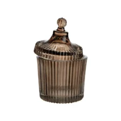 Boîte ronde décorative en verre fumé marron strié - Ø 9,5 x H 15 cm