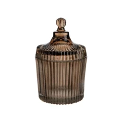 Boîte ronde décorative en verre fumé marron strié - Ø 9,5 x H 15 cm