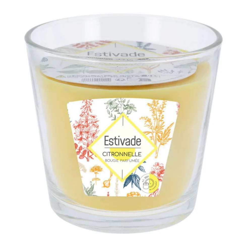 Bougie 3 mèches jaune à la citronnelle dans verre Estivade - Ø 13,5 x H 12,5 cm