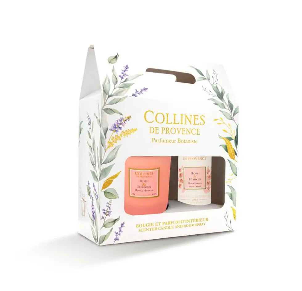 Coffret bougie et parfum intérieur senteur rose hibiscus Collines de Provence - 180 g + 100 ml