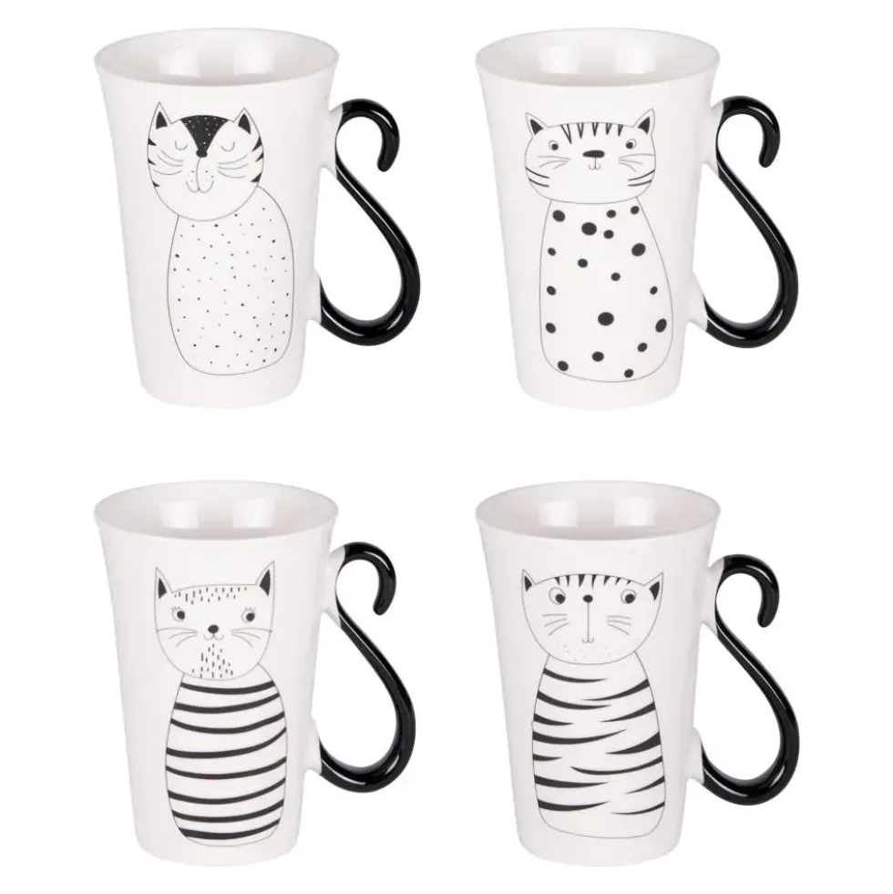 Coffret de 4 mugs en porcelaine blancs et noirs Miaou - 35 cl