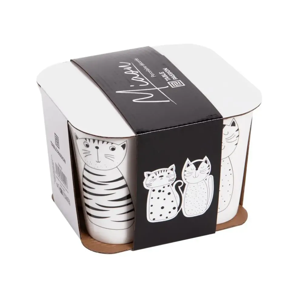 Coffret de 4 mugs en porcelaine blancs et noirs Miaou - 35 cl