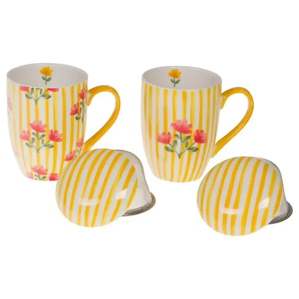 Coffret mug en céramique à rayures jaunes et motif fleurs avec filtre Louise - 12 x 9 x 12 cm