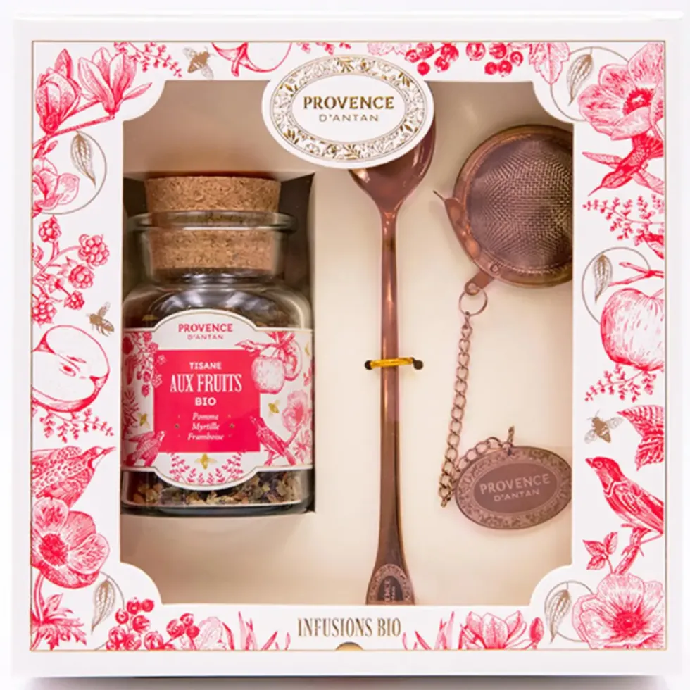 Coffret tisane aux fruits bio avec boule à infusion et cuillère Provence d’antan - 45 g