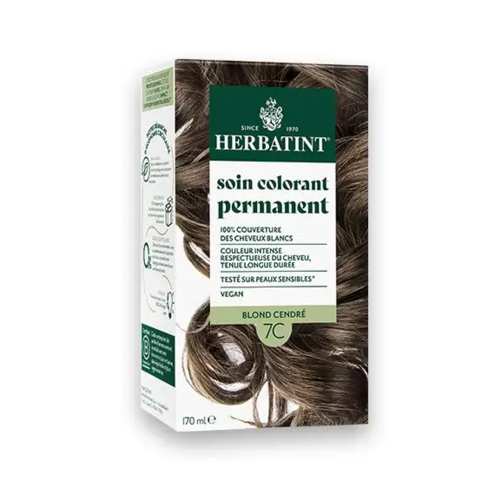 Coloration permanente pour cheveux blond cendré 7C aux extraits végétaux biologiques vegan Herbatint - 170 ml