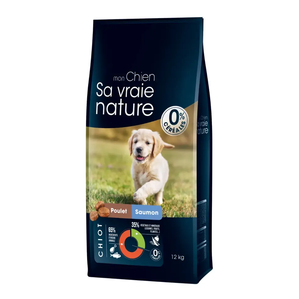 Croquettes sans céréales pour chiot au poulet et saumon Sa Vraie Nature - 12 kg