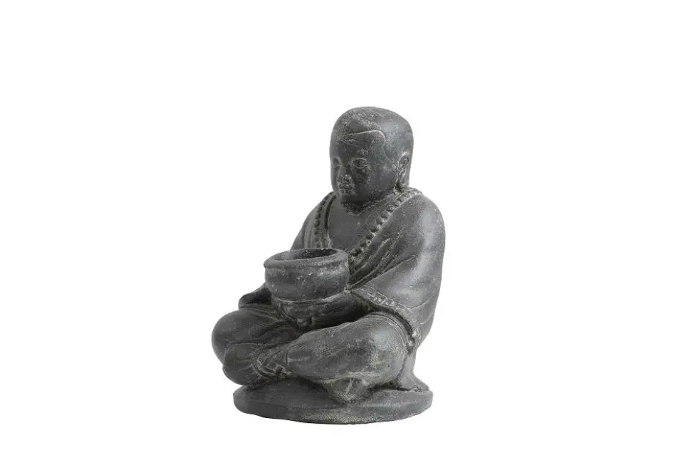 Décoration pour jardin aquatique coloris noir en pierre reconstituée figurine moine assis avec une bougie SEDA - 20 cm