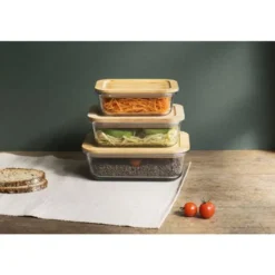 Ensemble de 3 boîtes rectangulaires en verre et bambou 400 à 1000 ml