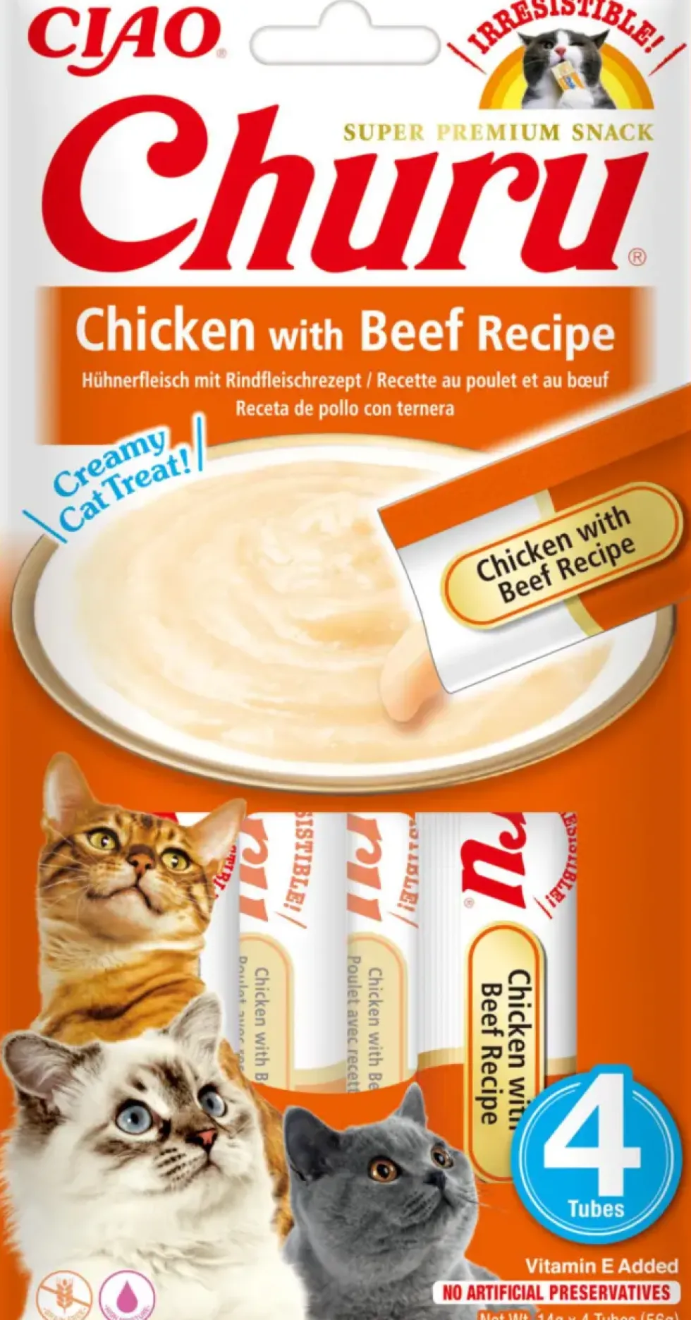 Friandise en crème pour chat poulet et bœuf Inaba Ciao Churu - 4 x 14 g