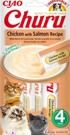 Friandise en crème pour chat poulet et saumon Inaba Ciao Churu - 4 x 14 g