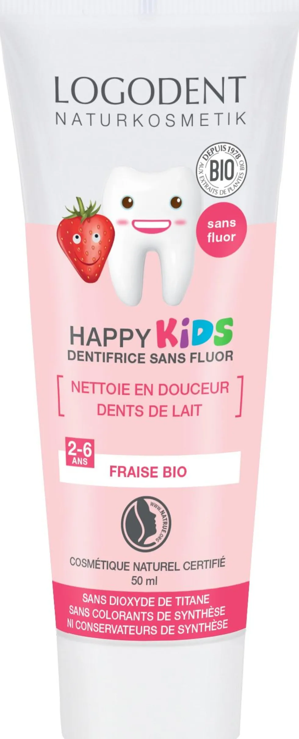 Gel Happy Kids fraise bio sans fluor Logodent - 50 ml