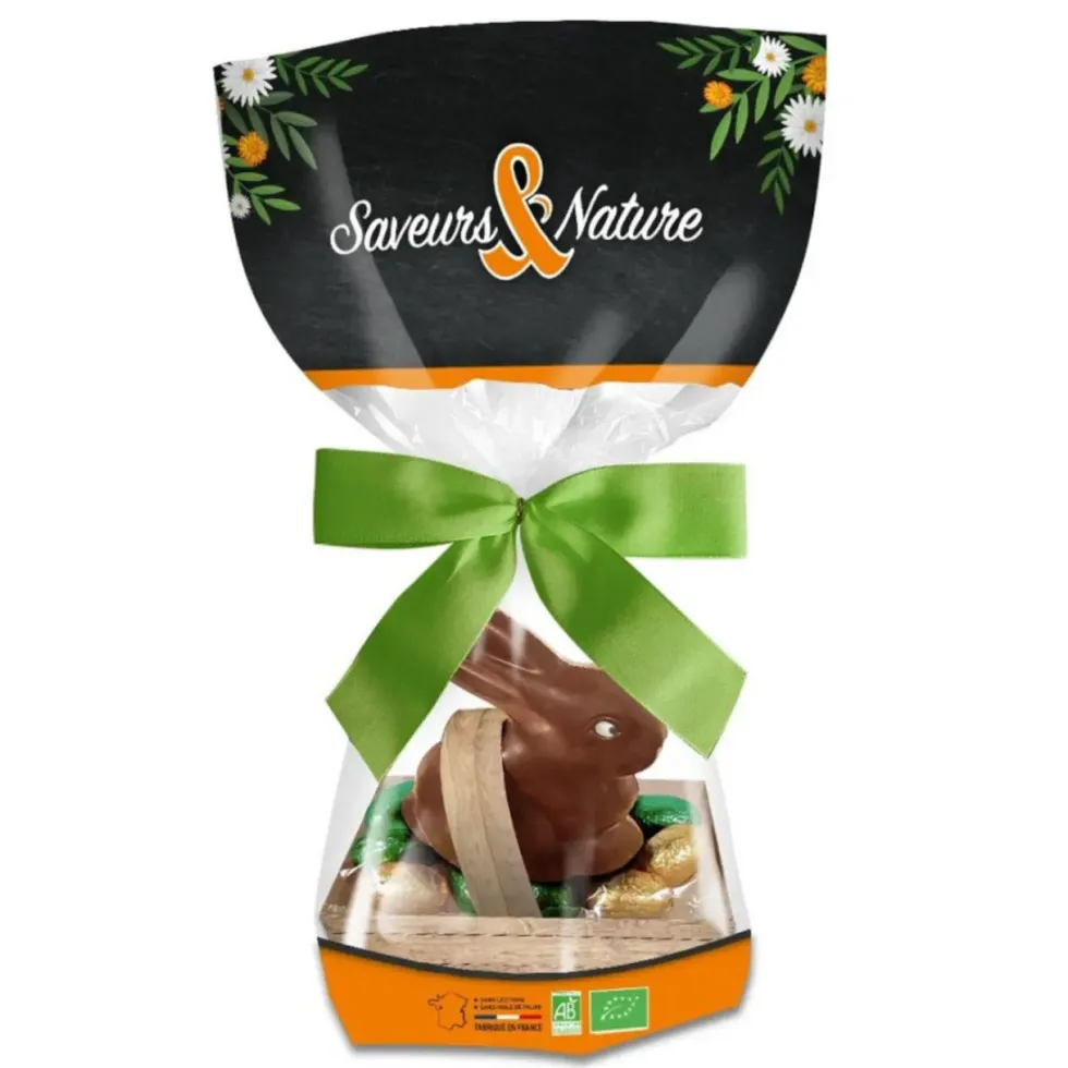 Lapin en chocolat au lait avec œufs pralinés bio Saveurs & Nature - 150 g