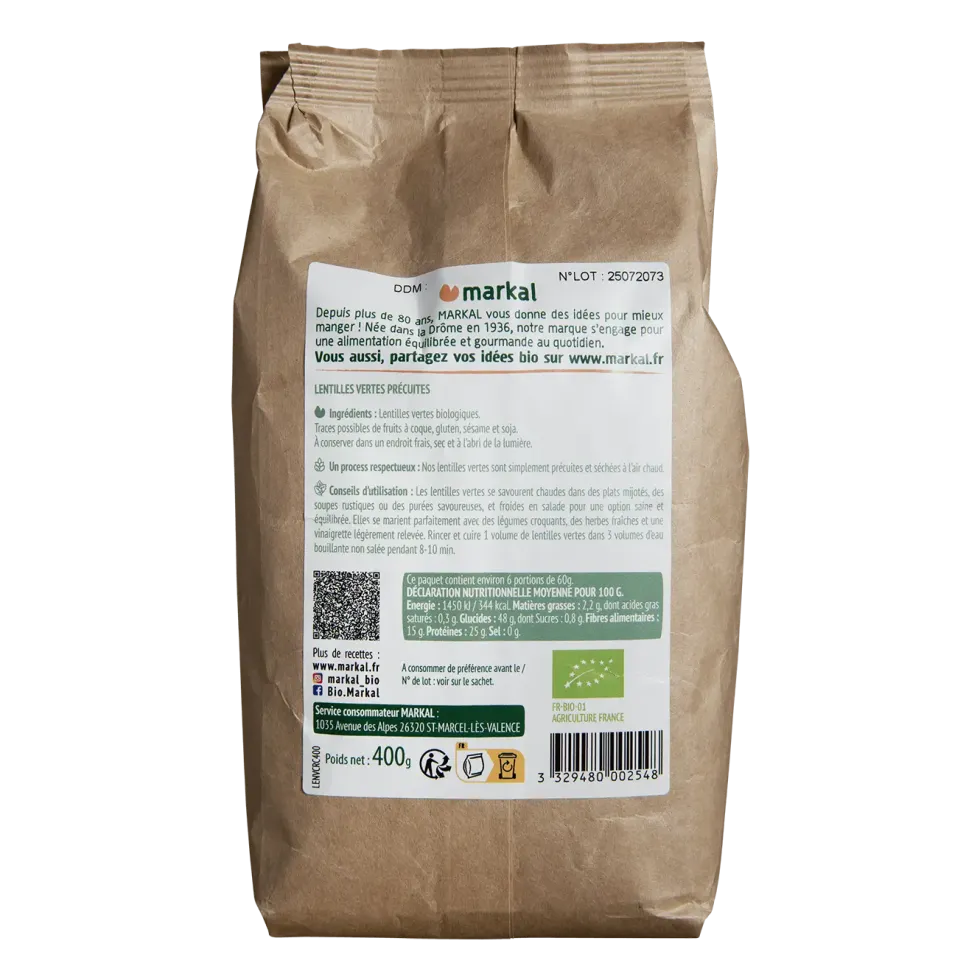 Lentilles vertes bio cuisson rapide Markal - 400 g
