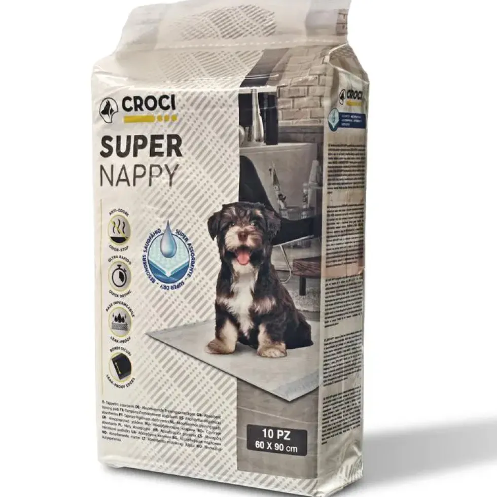 Lot de 10 tapis hygiéniques pour chien super nappy au charbon actif Crocy - 90 x 60 cm