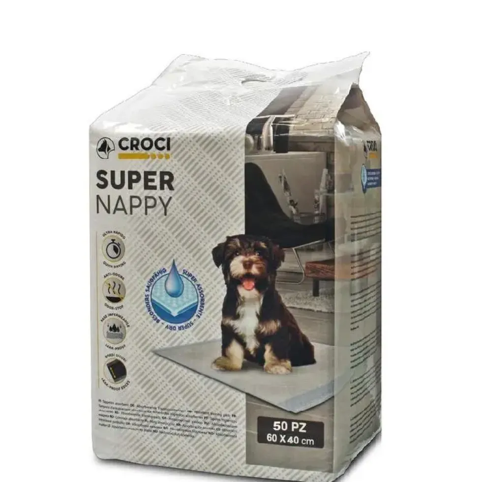 Lot de 50 tapis hygiéniques pour chien super nappy au charbon actif Crocy - 60 x 40 cm