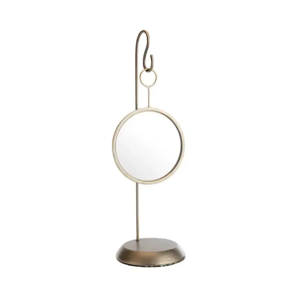 Miroir rond suspendu sur pied en métal bronze - 17 x 15,5 x 50 cm