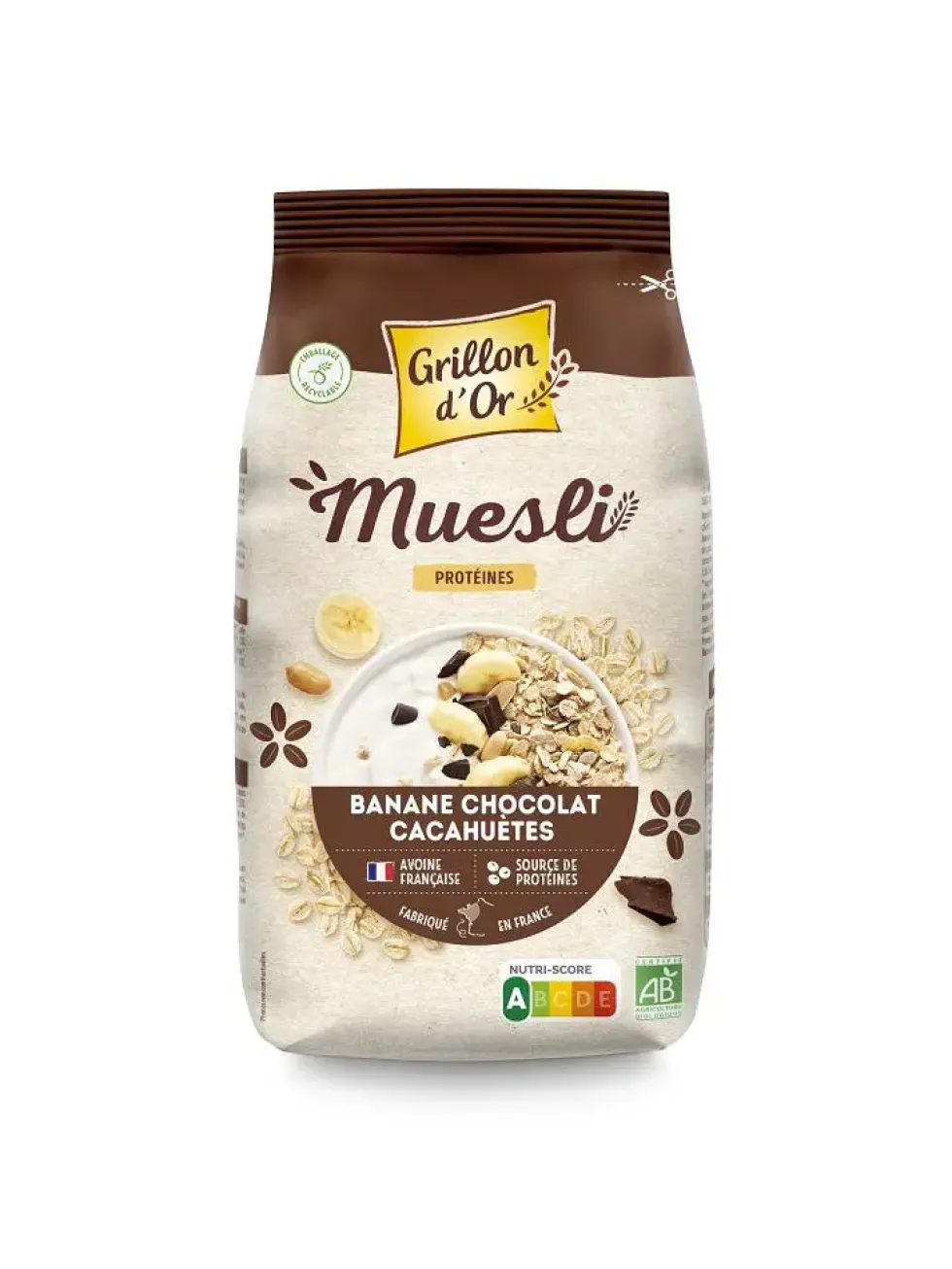 Muesli banane chocolat cacahuètes protéine bio Grillon d'or - 500 g