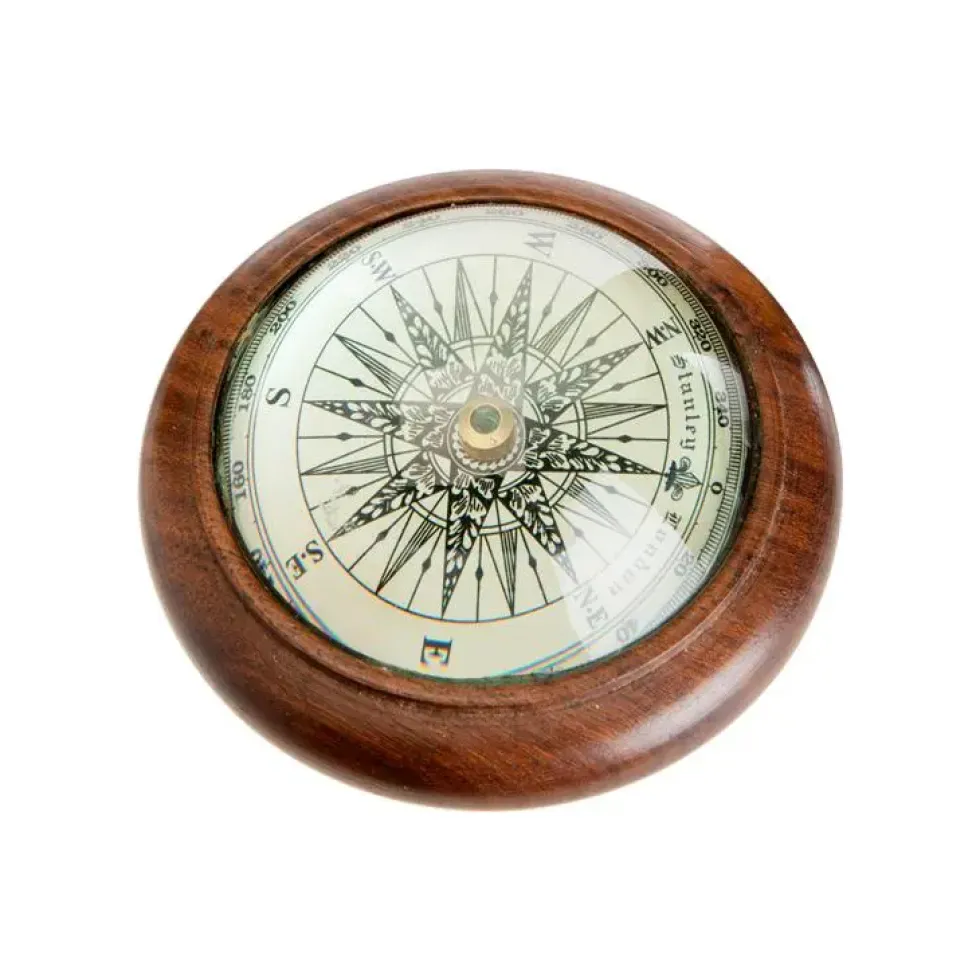 Objet décoratif boussole vintage en verre et acacia naturel - Ø 10 x H 4,5 cm