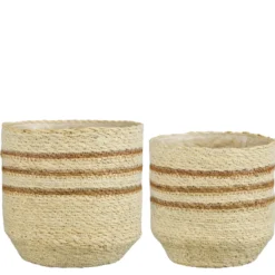 Panier rond en zostère coloris blanc rayé marron Lena - Ø 20 x H 20 cm