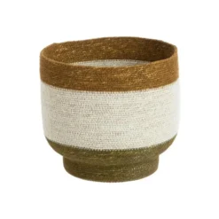 Panière ronde à base rétrécie en osier blanc bordé de marron - Ø 28 x H 25 cm