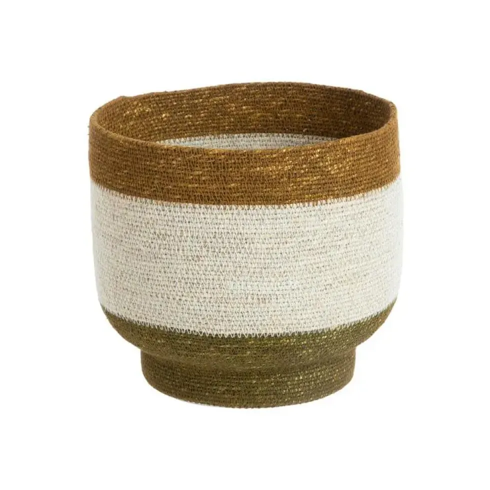 Panière ronde à base rétrécie en osier blanc bordé de marron - Ø 28 x H 25 cm