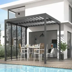 Pergola bioclimatique coloris gris en aluminium - 3,6 x 3 m