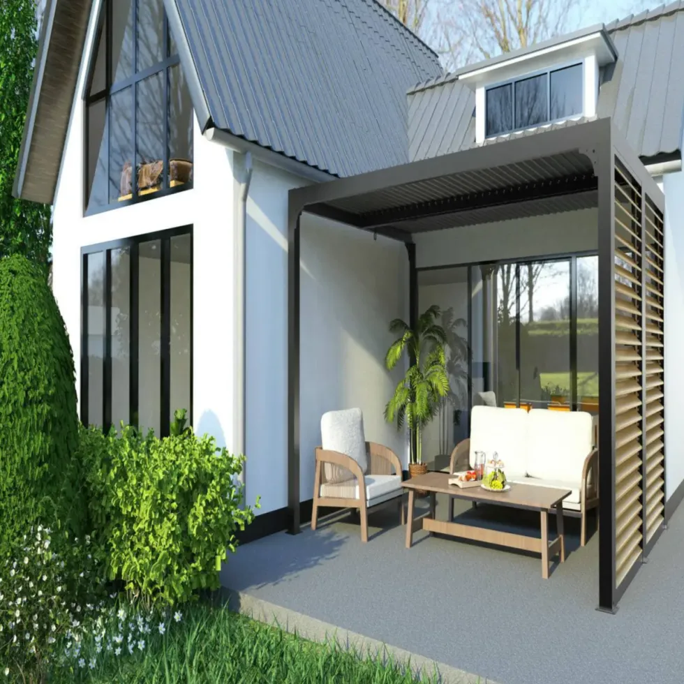 Pergola bioclimatique coloris gris en aluminium - 3,6 x 3 m