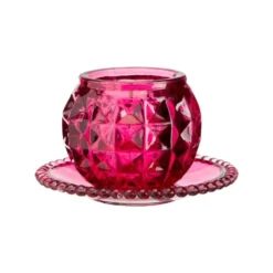 Photophore rond en verre fuchsia sur coupelle assortie - 12 x 8 cm