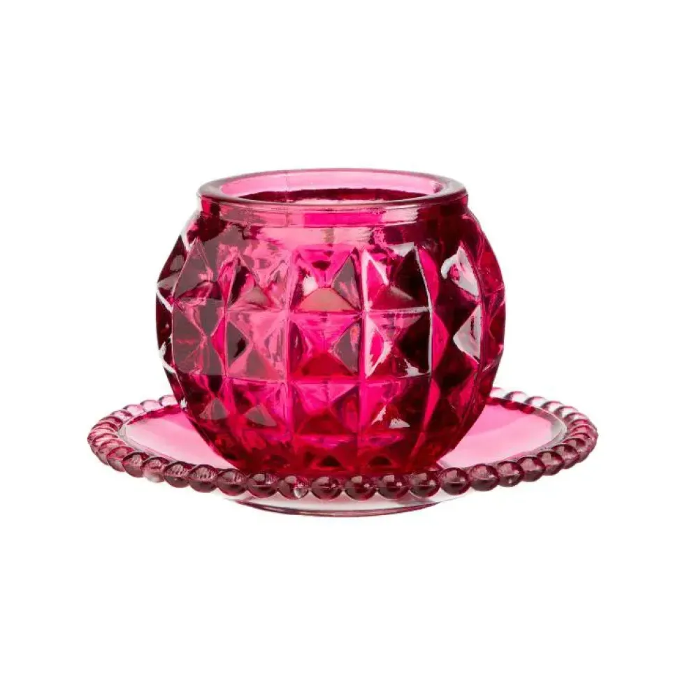 Photophore rond en verre fuchsia sur coupelle assortie - 12 x 8 cm