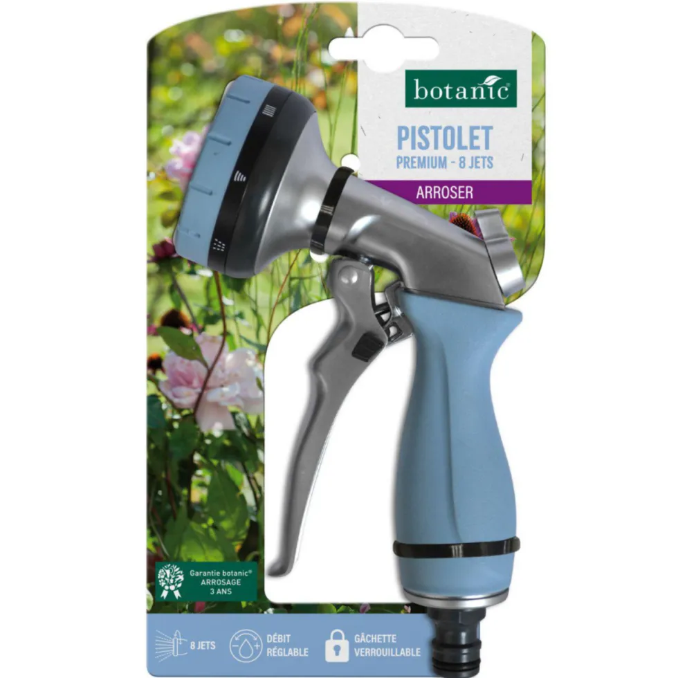 Pistolet premium botanic® - 8 jets avec débit réglable et gâchette verrouillable