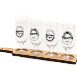 Planche avec 4 verres coloris transparent en verre et bois - 10 x 21 x 50 cm