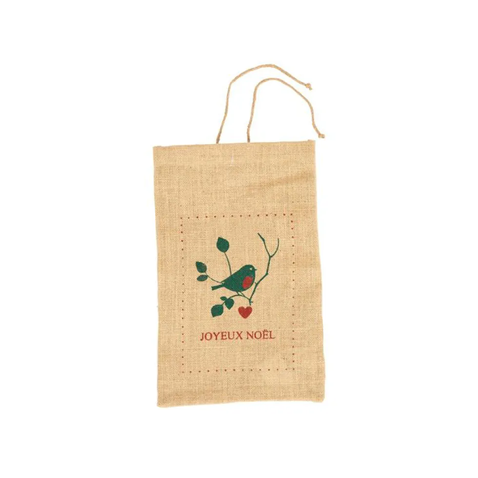 Pochette cadeau en jute décor oiseau vert et rouge - 25 x 40 cm