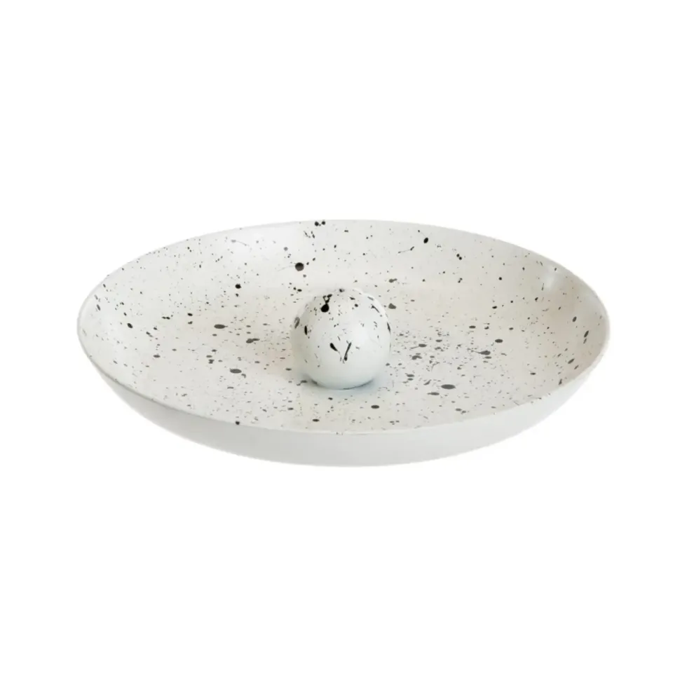 Porte-encens rond en métal blanc moucheté noir - Ø 10 x H 2 cm