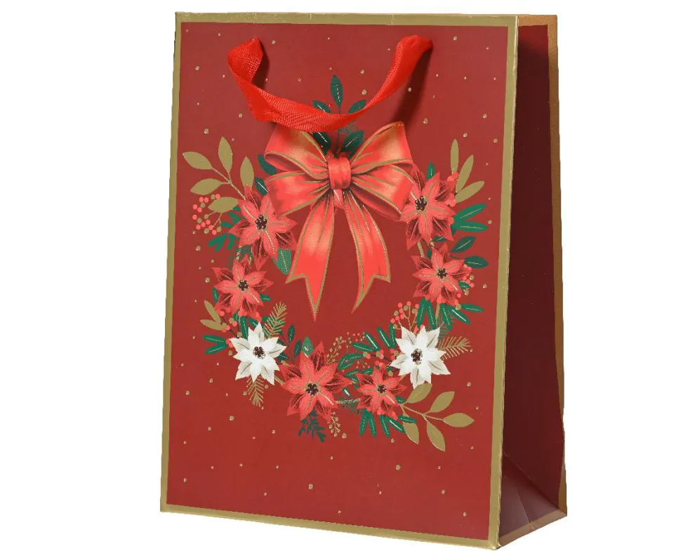 Sac cadeau en papier métallisé rouge décor couronne et nœud petit modèle - 8 x 18 x 24 cm
