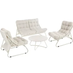 Salon de jardin en acier coloris beige Iris - 4 éléments (canapé, table basse et deux fauteuils)