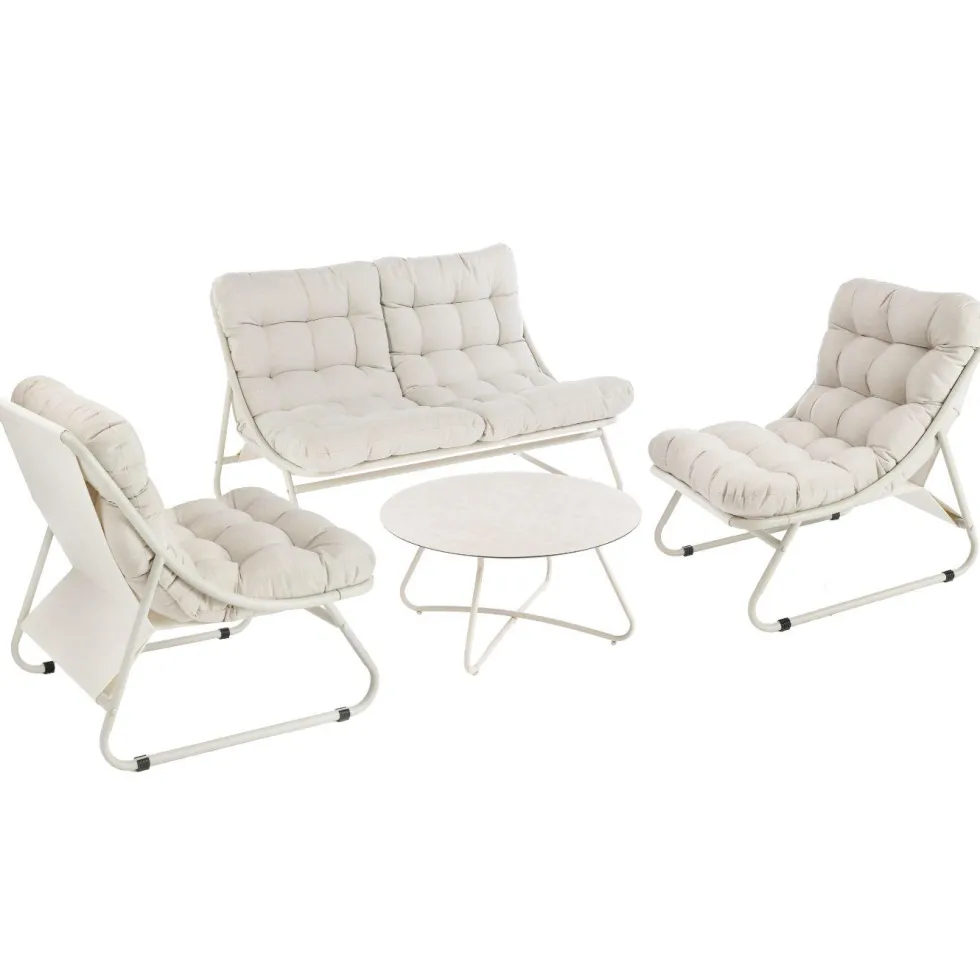 Salon de jardin en acier coloris beige Iris - 4 éléments (canapé, table basse et deux fauteuils)