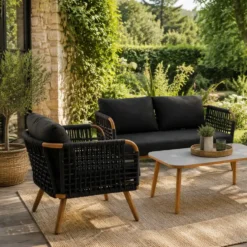 Salon de jardin en aluminium coloris noir Taormina - 4 éléments (canapé, table basse et deux fauteuils)