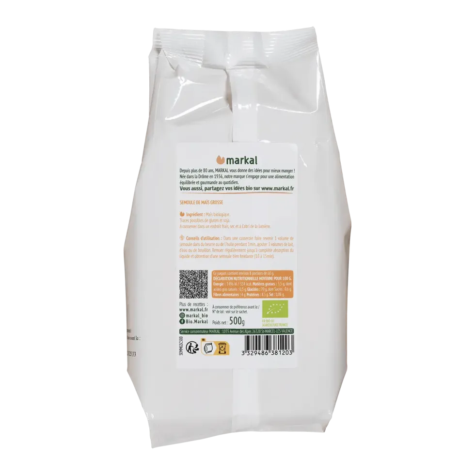 Semoule de maïs grosse bio en sachet de 500 g