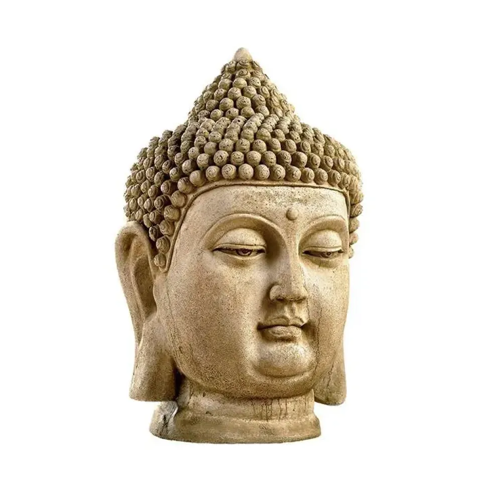 Statue en pierre reconstituée beige finition patinée Hairie Grandon Tête de bouddha grand modèle - 60 cm