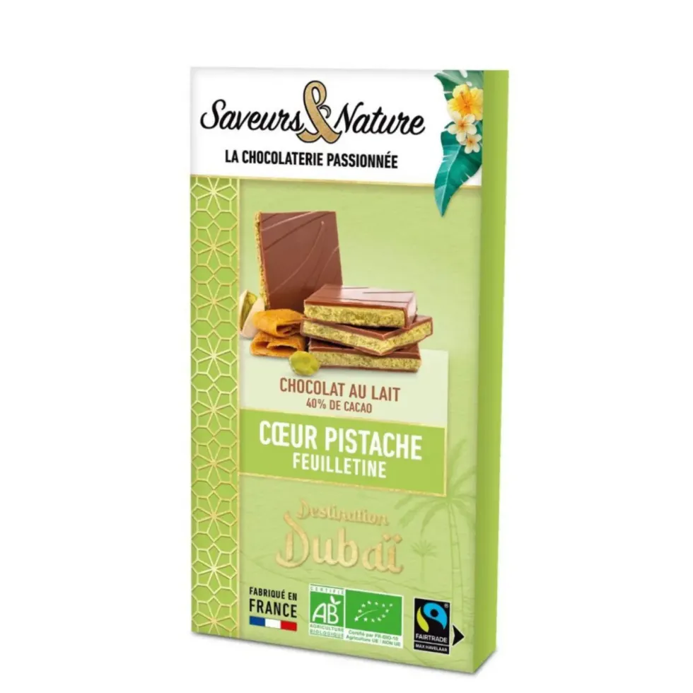 Tablette chocolat au lait fourrée pistache et feuilletine bio Saveurs et Nature - 90 g