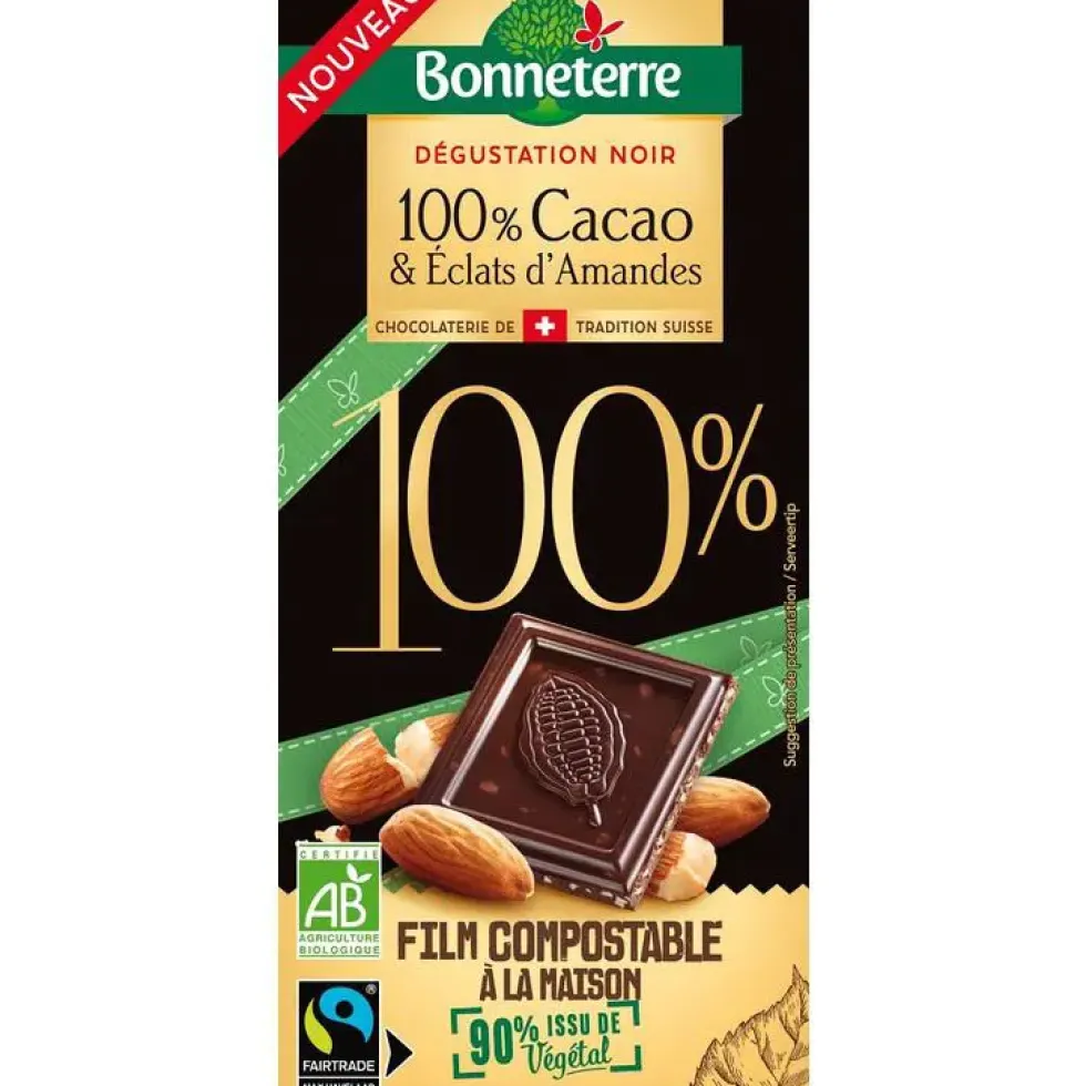 Tablette de chocolat 100 % cacao et amandes bio Bonneterre - 90 g