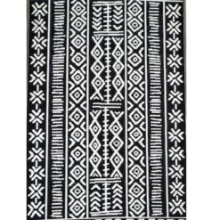 Tapis d'extérieur en polypropylène recyclé noir et crème Ethnique