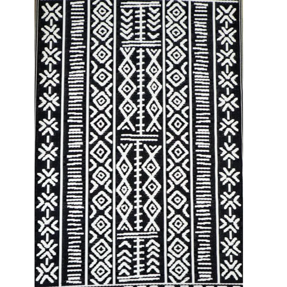 Tapis d'extérieur en polypropylène recyclé noir et crème Ethnique