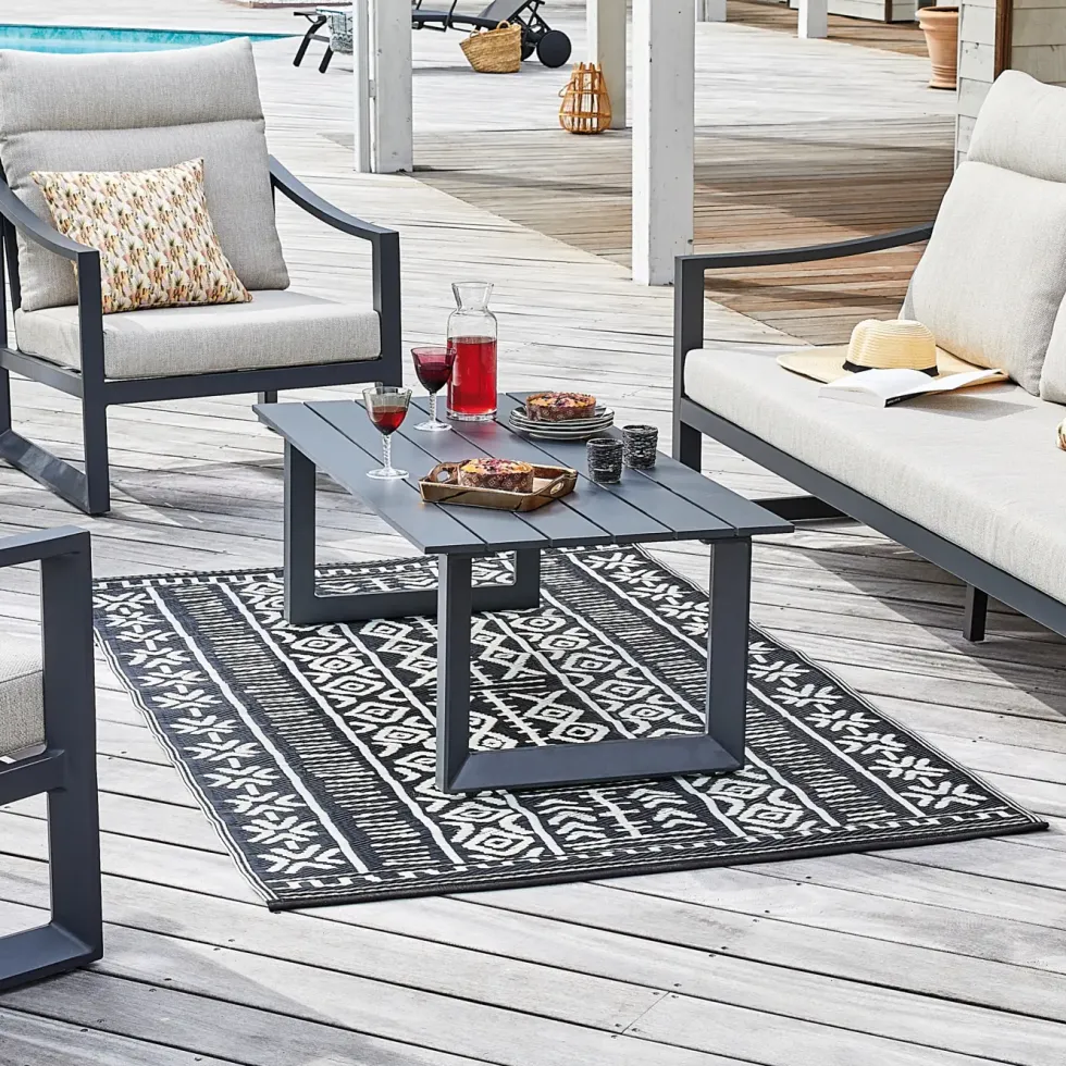 Tapis d'extérieur en polypropylène recyclé noir et crème Ethnique