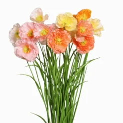 Tige de pavot artificiel 3 fleurs colorées et herbe - 68 cm