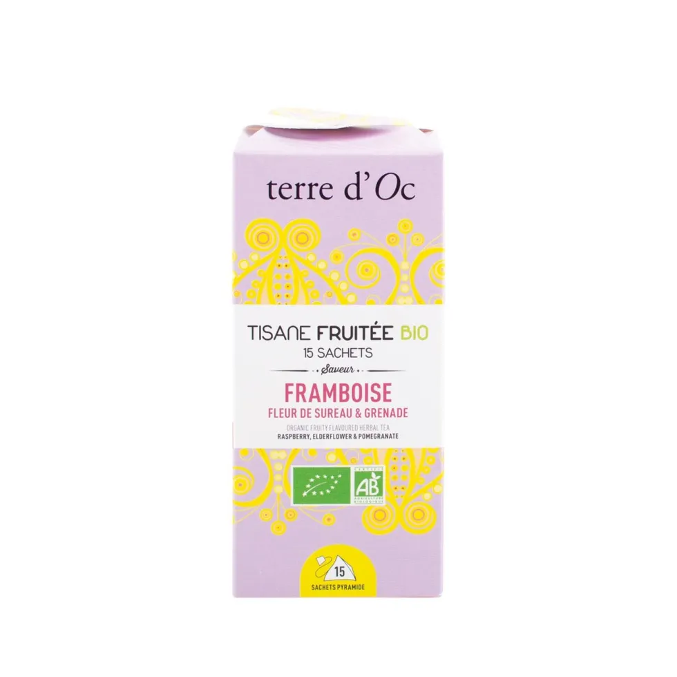 Tisane bio fruitée framboise grenade sureau Terre d’Oc - 15 infusettes