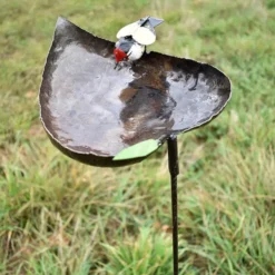 Tuteur métal mangeoire cœur 1 oiseau peint main